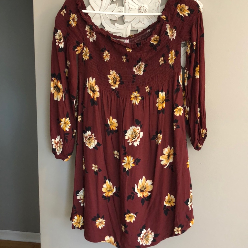 Off the shoulder maroon floral print dress